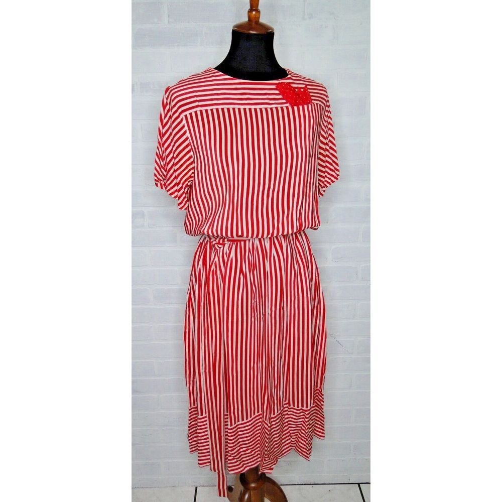 VTG New York Red and White Stripe Knee Length Dress w/ pocket‎ Tie Waist size 12